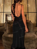 Elegant Ruched Waist Fringe Trim Maxi Dress