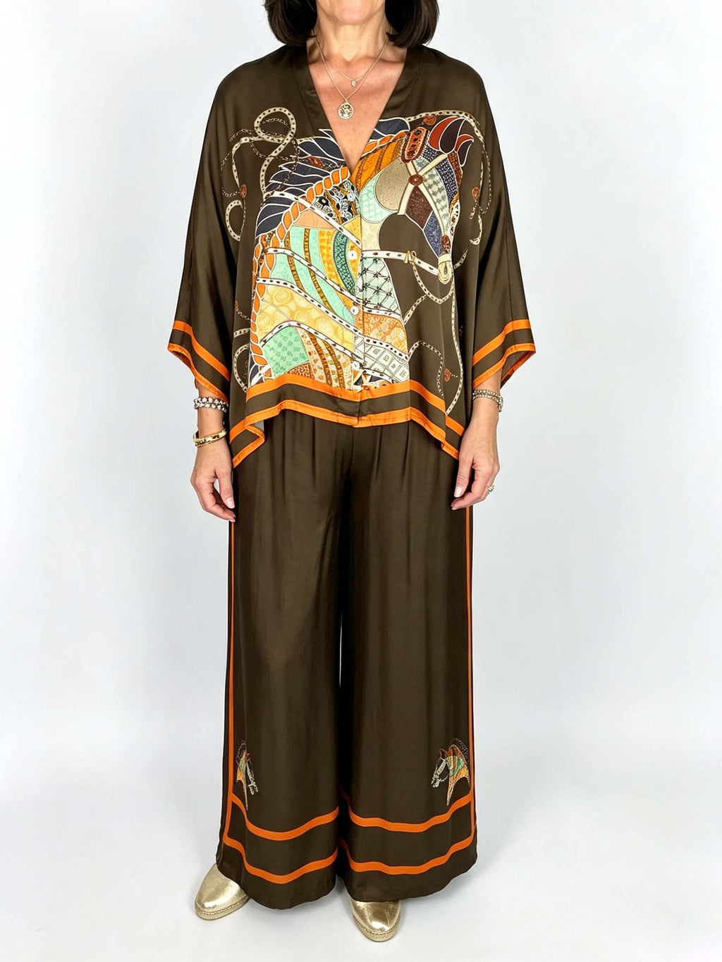Elegant Horse Print Satin Kimono Top & Pants Two-Piece Set