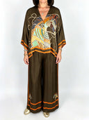 Elegant Horse Print Satin Kimono Top & Pants Two-Piece Set
