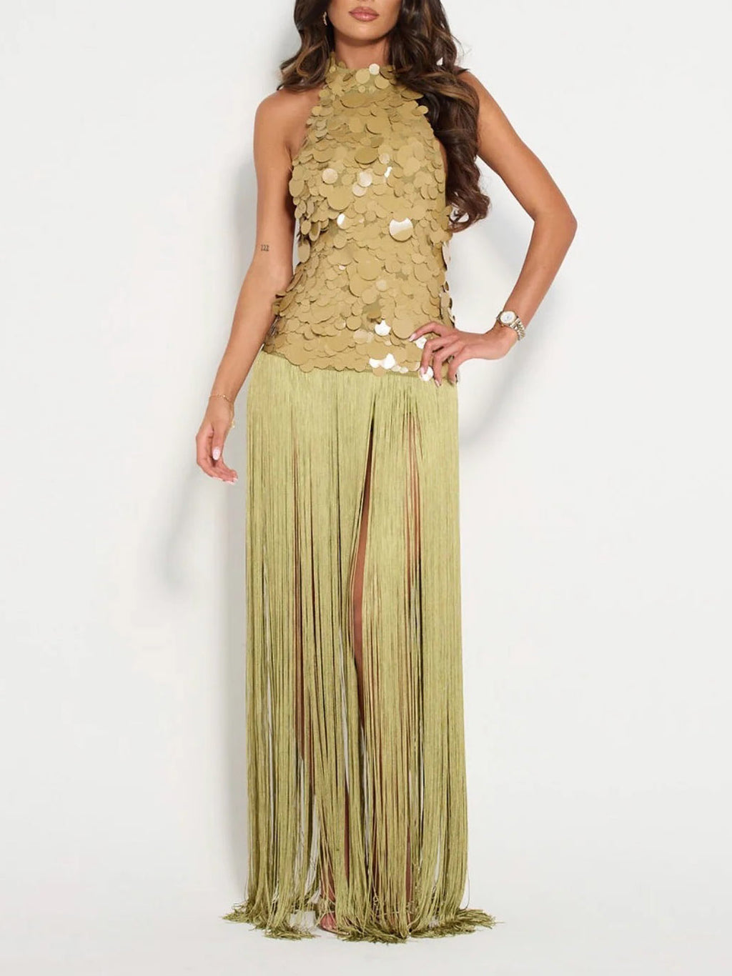 Elegant Sequin Backless Sleeveless Fringe Maxi Dress