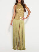 Elegant Sequin Backless Sleeveless Fringe Maxi Dress