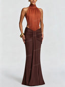 Elegant Ruched Halter Neck Cutout Maxi Dress