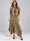 Elegant Plaid Print Jacket & Asymmetric Midi Skirt Two Piece Set