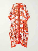 Elegant Self-Tie Satin Print Flowing Kaftan Maxi Dress