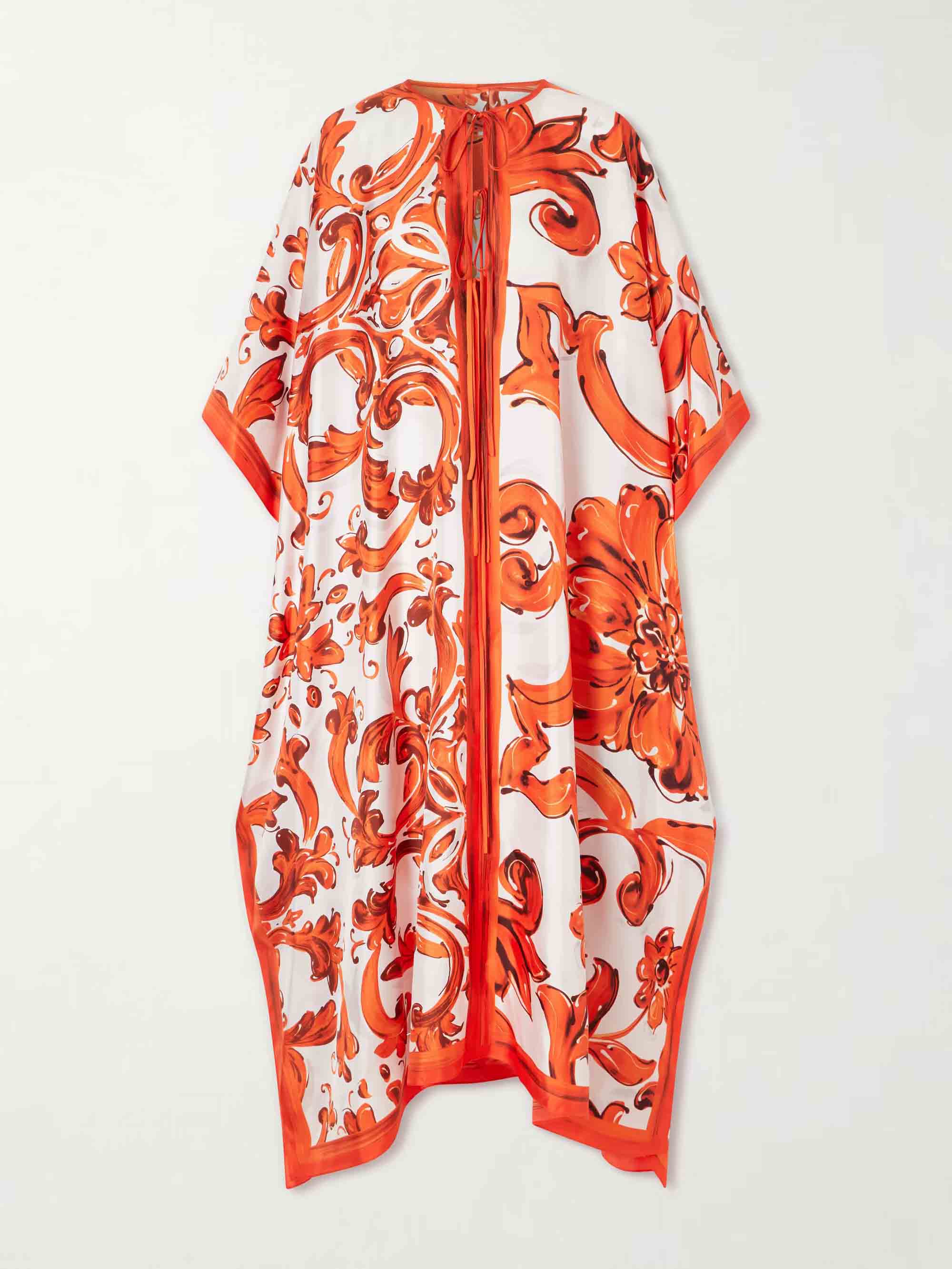 Elegant Self-Tie Satin Print Flowing Kaftan Maxi Dress