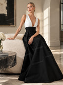 Elegant Deep V-Neck Colorblock Ruched A-Line Maxi Dress