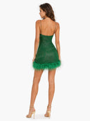 Sexy Spaghetti Strap Feather Trim Mini Dress