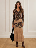 Retro Paisley Print V-Neck Knit Top & Maxi Skirt Two-Piece Set