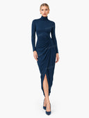 Elegant Turtleneck Draped Side Slit Midi Dress