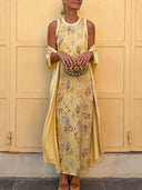 Elegant Botanical Print Sleeveless Midi Dress Two-Piece Set