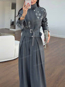 Minimalist Rhinestone Belted Jacket & Wide-Leg Pants Set