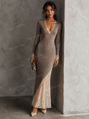 Sexy Lace Panel V-Neck Bodycon Maxi Dress