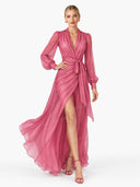 Elegant Pearl-Embellished Chiffon V-Neck Tie-Waist Maxi Dress