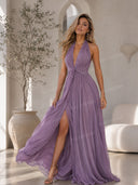 Elegant Ruched Halter Neck Flowing Maxi Dress