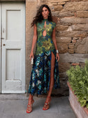 Tropical Print Cutout High Slit Maxi Dress
