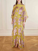 Elegant High Neck Flocked Floral Tie-Waist Kaftan Dress