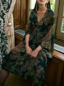 Retro Paisley V-Neck Asymmetric Midi Dress