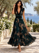 Elegant Floral Print Lace Trim Tiered Maxi Dress