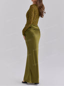 Elegant Lace Long Sleeve Ruched Waist Maxi Dress