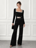 Pearl Trim Square Neck Wide Leg Jumpsuit