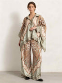Retro Paisley Print Satin Loose Shirt Two-Piece Set