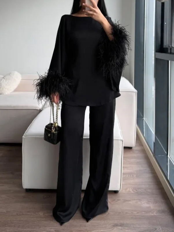 Elegant Feather-Trim Batwing Top & Pants Two-Piece Set