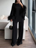 Elegant Feather-Trim Batwing Top & Pants Two-Piece Set