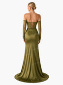 Elegant Satin Off-Shoulder Lace Corset Maxi Dress
