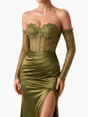 Elegant Satin Off-Shoulder Lace Corset Maxi Dress