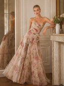 Elegant Strapless Floral Print Chiffon Maxi Dress