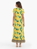 Lemon Blossom Print Feather Hem Midi Dress