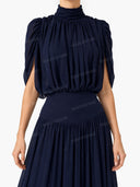 Elegant High Neck Pleated Cape Sleeve Maxi Dress