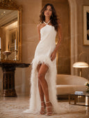 Elegant Pearl Halter Feather Trim Backless Maxi Dress