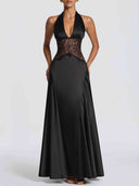 Elegant Pleated Halter Neck Lace Satin Maxi Dress