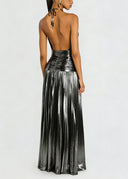 Elegant Metallic Pleated Halter Neck Maxi Dress