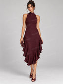Elegant Knit Asymmetric Ruffle Midi Dress