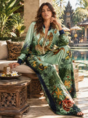 Exotic Jungle Print Zip-Up Shirt & Wide Leg Pants Set