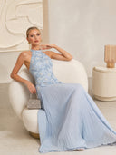 Elegant Halter Neck 3D Floral Appliqué Ruched Maxi Dress