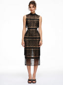 Beaded Fringe High Neck Midi Dress