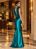 Elegant Feather Trim Satin Halter Mermaid Maxi Dress