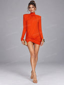 Ruched High Neck Long Sleeve Mini Dress