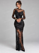 Elegant Sheer Lace Satin Bodycon Maxi Dress