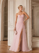 Elegant Pink Strapless Pleated Tulle Maxi Dress