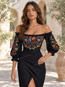 Minimalist Strapless Embroidered Midi Dress