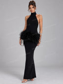 Sexy Feather Trim Halter Neck Maxi Dress