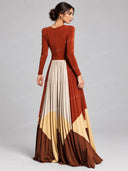 Elegant Color Block Plunge Neck Pleated Maxi Dress