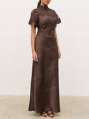 Elegant Lace Satin Panel High Neck Maxi Dress