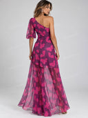 Butterfly Print One Shoulder Ruffle Maxi Dress