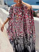 Abstract Print Off Shoulder Satin Kaftan Maxi Dress