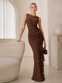 Elegant Floral Embroidered Mesh Ruched Maxi Dress